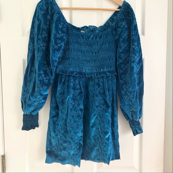 ASOS Blue Velvet Smocked Dress - Picture 2 of 6